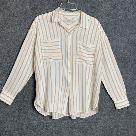 Loft Button Up Shirt Women XL Striped Chest Pockets Long Sleeve Soft Rayon - Picture 1 of 13